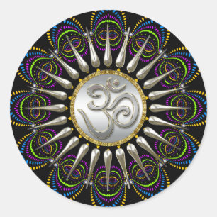 Pegatina Redonda Tribu sicodélica plateada Om