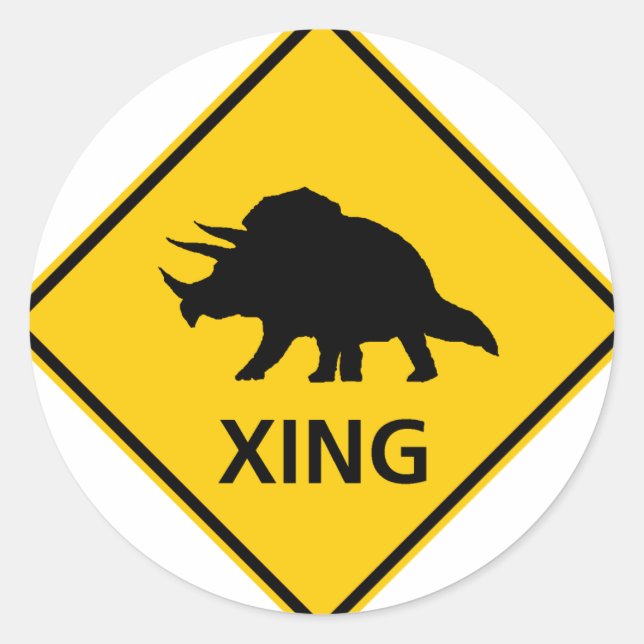 Pegatina Redonda Triceratops cruzando el Rótulo de la autopista Din (Anverso)