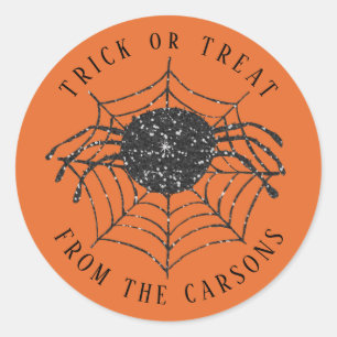 Pegatina Redonda Trick de Halloween o trata la web de araña Naranja
