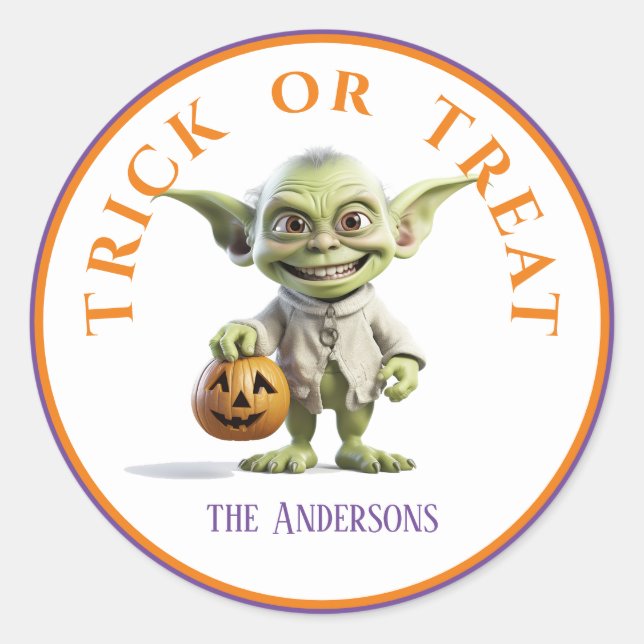 Pegatina Redonda Trick de Halloween o Treat Green Pointing Ear Grem (Anverso)