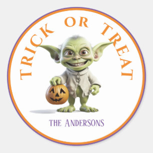 Pegatina Redonda Trick de Halloween o Treat Green Pointing Ear Grem
