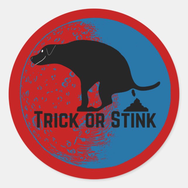 Pegatina Redonda Trick o Stink Pooping Dog (Anverso)