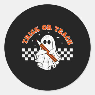 Pegatina Redonda Trick O Teach Groovy Teacher Halloween Retro Flor