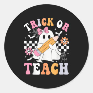 Pegatina Redonda Trick O Teach Groovy Teacher Halloween Retro Flor