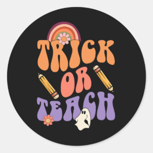 Pegatina Redonda Trick O Teach Retro Cae Halloween Disfraces Teach