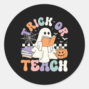 Pegatina Redonda Trick O Teach Spooky Teacher Cute Ghost Read Book