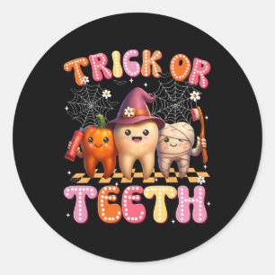 Pegatina Redonda Trick O Teeth Crew Dental Halloween Vestidos Mujer