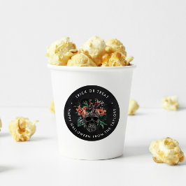 Pegatina Redonda Trick o tratamiento de Halloween con cráneo floral