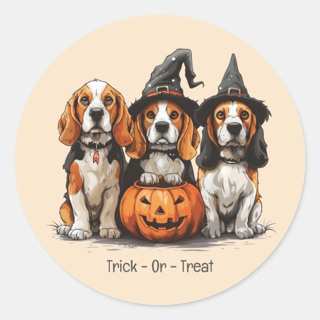 Pegatina Redonda Trick O Treat Halloween Beagle Dogs (Anverso)