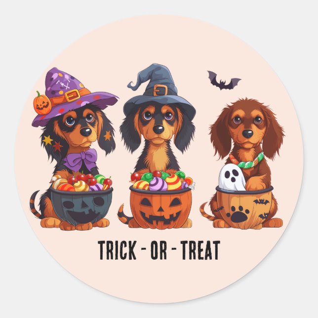 Pegatina Redonda Trick O Treat Halloween Dachshund Perros (Anverso)