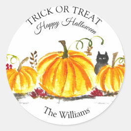 Pegatina Redonda Trick o Trek Halloween Calabaza Gato Cuto