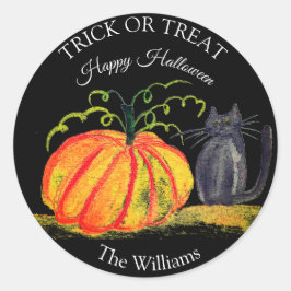 Pegatina Redonda Trick o Trek Halloween Calabaza Gato Cuto