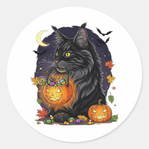 Pegatina Redonda Trick o Trek Maine Coon - Gato de Halloween