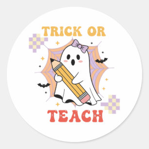 Pegatina Redonda Trick or Teach Fantasma Lindo Profesor Halloween