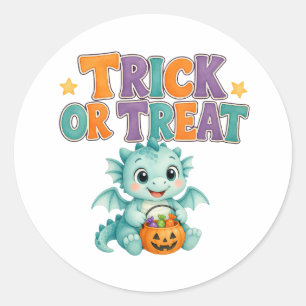 Pegatina Redonda Trick or Treat Bebé Dragón Colorido de Halloween