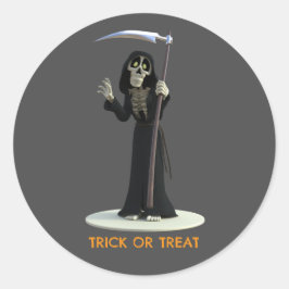 Pegatina Redonda Trick or Treat. Cartoon Grim Reaper