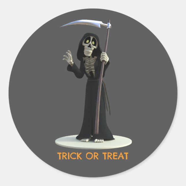 Pegatina Redonda Trick or Treat. Cartoon Grim Reaper (Anverso)