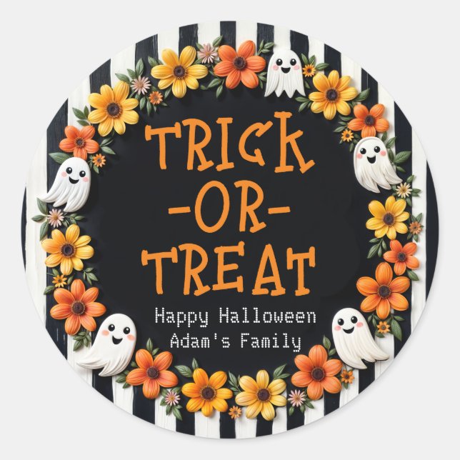 Pegatina Redonda Trick-or-Treat de personalizable - Floral de fanta (Anverso)