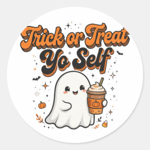Pegatina Redonda Trick Or Treat Tú Mismo Cute Fantasma Pumpkin Spic