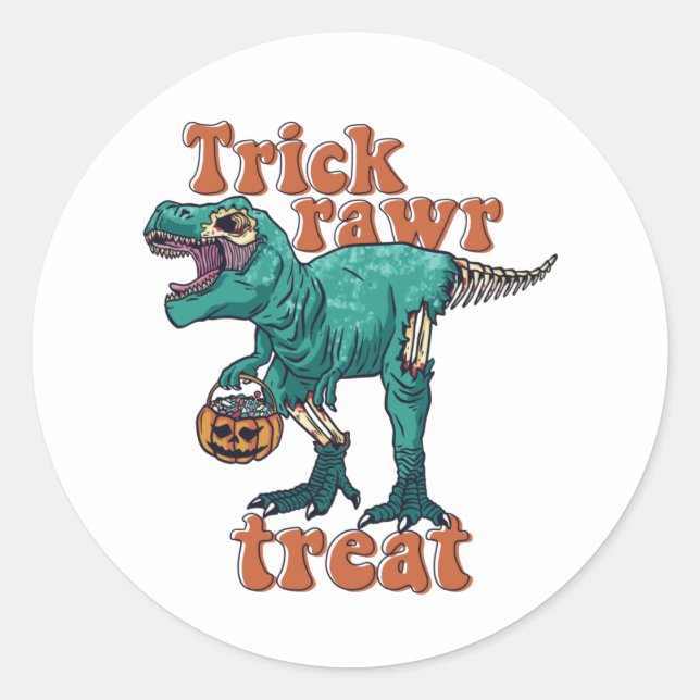 Pegatina Redonda Trick Rawr Treat Zombie T Rex Halloween Dinosaur (Anverso)