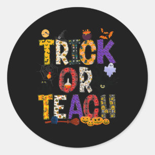 Pegatina Redonda Trick Retro O Enseñanza Profesora Halloween Vestid