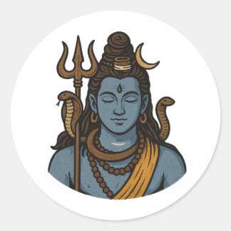 Pegatina Redonda "Tridente Minimalista de Lord Shiva, Serpiente, Ca
