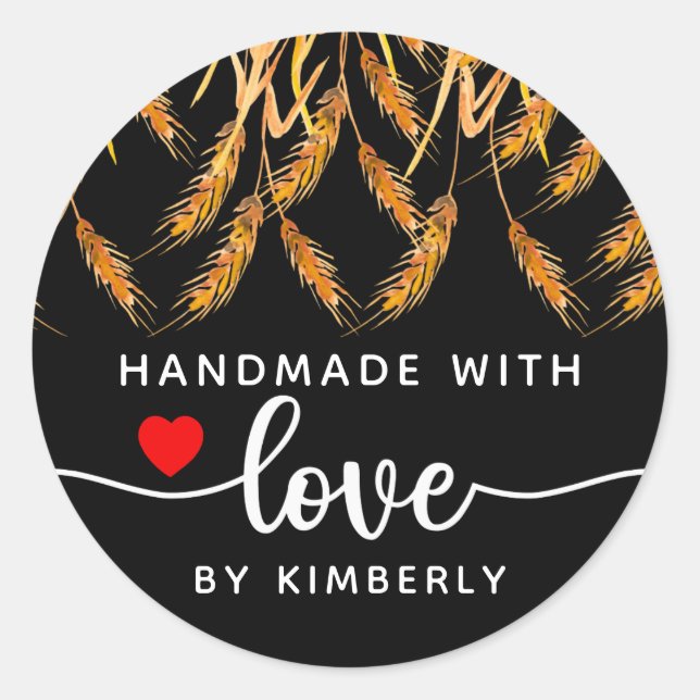 Pegatina Redonda Trigo hecho a mano con amor negro (Anverso)