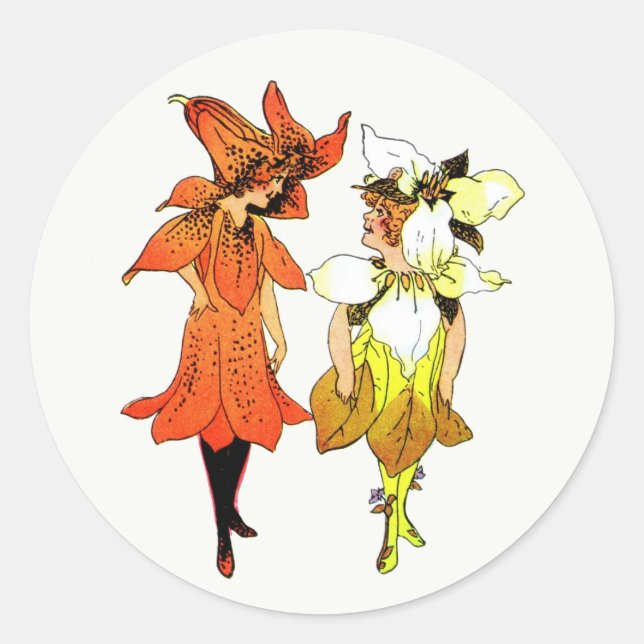 Pegatina Redonda Trillium y Tiger-Lily, Whimsical Flower Book Art (Anverso)