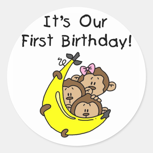 Pegatina Redonda Trillizos primero - Dos niños, un Chica (Anverso)