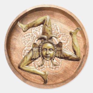 Pegatina Redonda Trinacria símbolo de Sicilia (Madera Falsa)