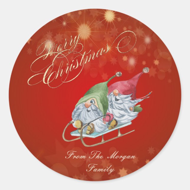 Pegatina Redonda Trineo de Navidad de Gnomos Lindos (Anverso)