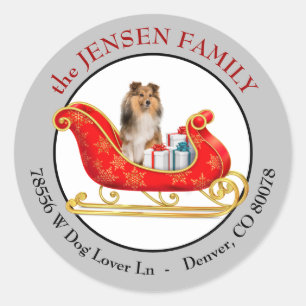 Pegatina Redonda Trineo de Navidad Shetland Sheepdog Dirección de D