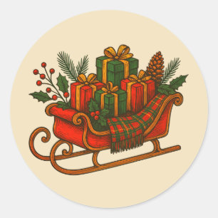 Pegatina Redonda Trineo de Navidad vintage con regalos