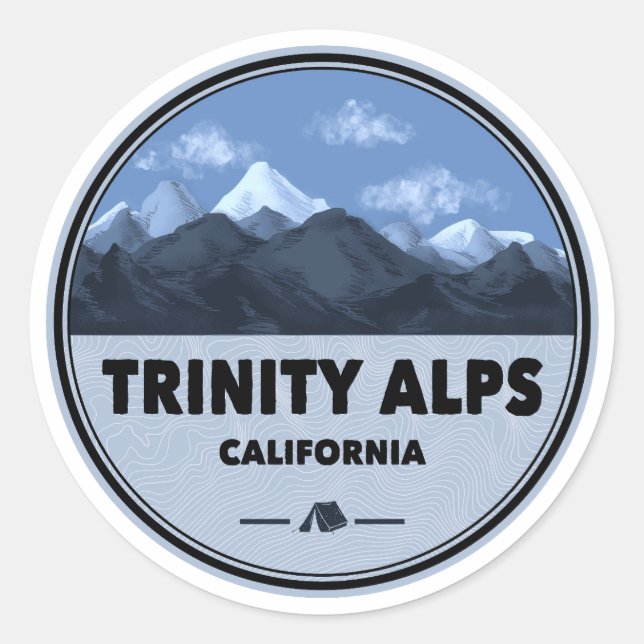 Pegatina Redonda Trinity Alps California Camping (Anverso)