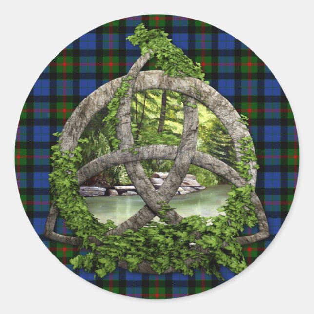 Pegatina Redonda Trinity Celtic Knot Y Clan Gunn Tartán (Anverso)
