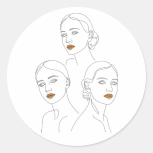 Pegatina Redonda Trío de Arte de Línea Femenina Elegante, Minimalis