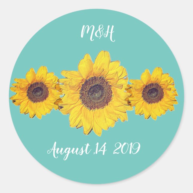 Pegatina Redonda trío de girasol personalizado - boda de granja (Anverso)