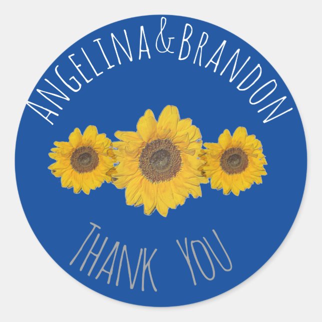 Pegatina Redonda Trío de girasoles para bodas - Gracias (Anverso)