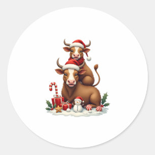 Pegatina Redonda Trío de vacas navideñas vintage de las Tierras Alt