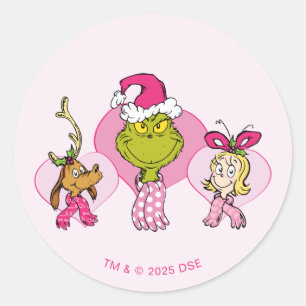 Pegatina Redonda Tripulación del Grinch en retrato rosa de San Vale