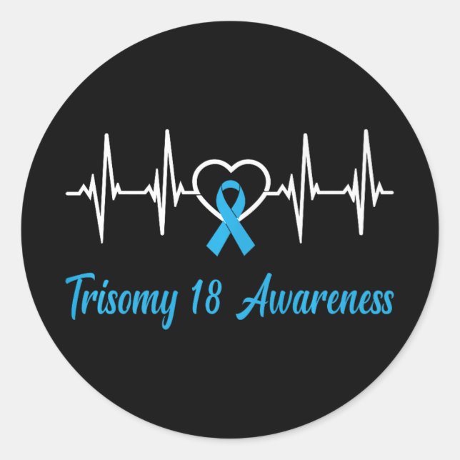 Pegatina Redonda Trisomy 18 Awareness Light Blue Ribbon Love Heartb (Anverso)