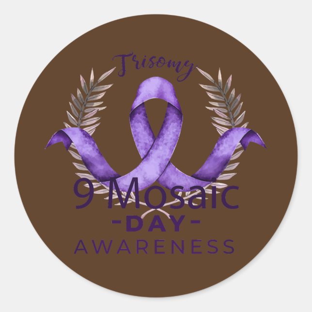 Pegatina Redonda Trisomy 9 Awareness Day Purple Ribbon Mom Dad (Anverso)
