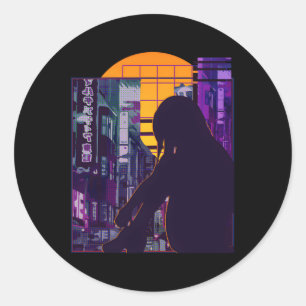 Pegatina Redonda Triste Anime Anime Anime Japonés De Vaporwave