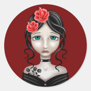 Pegatina Redonda Triste Chica con rosas rojas