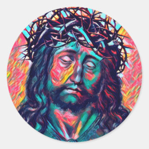 Pegatina Redonda Triste Jesucristo enfrenta a la corona del trono a