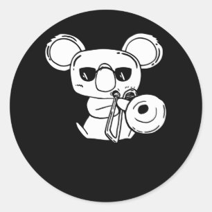 Pegatina Redonda Trombonista Jugador Koala con trombón