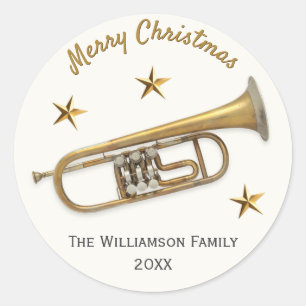 Pegatina Redonda Trompeta Música Personalizada de Feliz Navidad