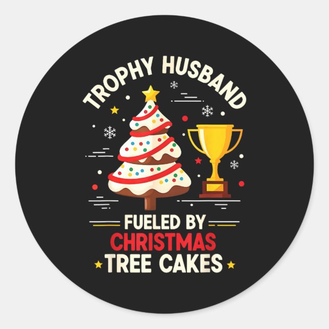 Pegatina Redonda Trophy Retro Husband Fueled By Christmas Tree Cake (Anverso)