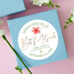 Pegatina Redonda Tropical Bat Mitzvah Acuarela Floral Escritura en<br><div class="desc">Sientanse orgullosos, alégrense y celebren este hito de su Bat Mitzvah favorita cuando usen esta sofisticada y personalizada etiqueta adhesiva. Una floral de plumeria tropical, estilosa, impresionante y colorida acuarela, una escritura a mano con dorado falso, la estrella de David y puntos brillantes, junto con un tipo moderno sans serif...</div>
