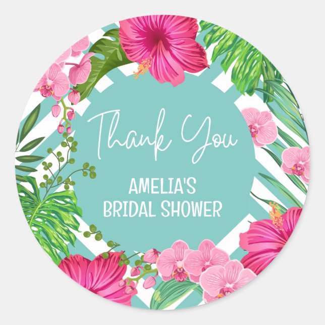 Pegatina Redonda Tropical Beach Floral Bridal Shower favorece a los (Anverso)